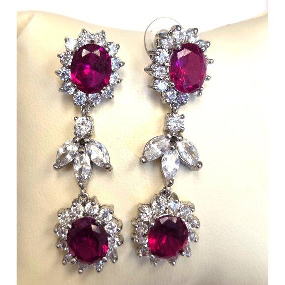 Elegant Silver-Plated Drop Earrings With Ruby Red & Clear Cubic Zirconia Stones - Picture 1 of 4